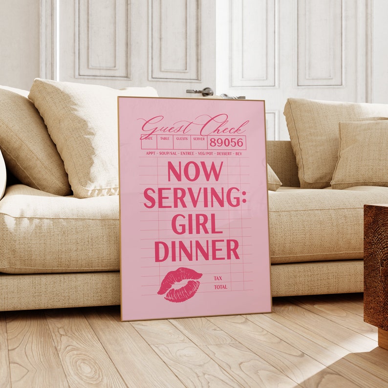 Girl Dinner Print, Aesthetic Kitchen Decor, Trendy Kitchen Prints, Hot Pink College Apartment Decor, Girly Wall Art, Chef Cooking Poster