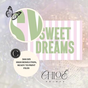 Sweet Dreams Print, Funny Apartment Poster, Pink and Green Bedroom Decor, Minimalist Aesthetic Trendy Wall Art, Retro Above Bed Wall Decor