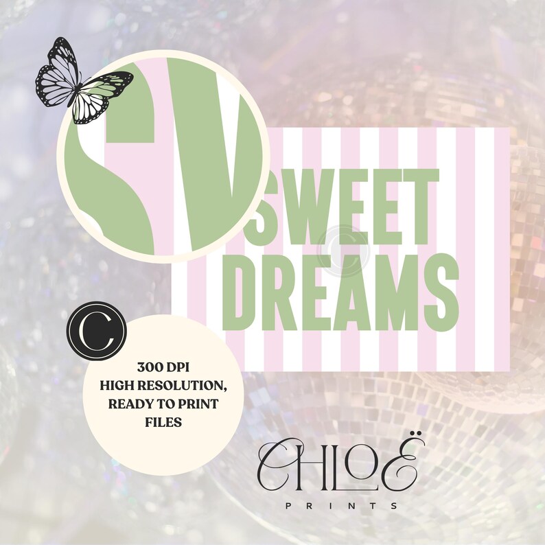 Sweet Dreams Print, Funny Apartment Poster, Pink and Green Bedroom Decor, Minimalist Aesthetic Trendy Wall Art, Retro Above Bed Wall Decor