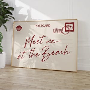 Treffen Sie mich am Strand Postkarten-Druck, kirschrote trendige Wandkunst Küsten-Wohnkultur, Beachy ästhetic Room Poster, Seashell Beach House Decor