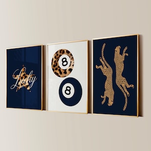 Navy 8 Ball Lucky Girl Cheetah Aesthetic Posters, Trendy Apartment Decor, Leopard Chic Living Room Gallery Wall Art, Set of 3 Bedroom Prints