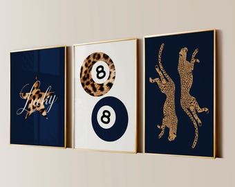 Marineblauwe jachtluipaard 8-ball Lucky Girl-kunstprints, set van 3 (digitale download)