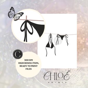 Bikini On Clothesline Print, College Apartment Decor, Coastal Beachy Dorm Room Posters, Trendy Beach House Wall Art, Girly Preppy Aesthetic