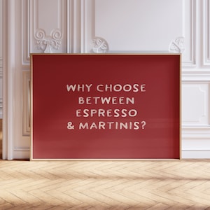 Wydruk Espresso Martini, Zabawny wystrój mieszkania, Sztuka ścienna do kuchni w stylu retro, Dziewczęca typografia do wózka barowego, Estetyczny plakat wiśniowy It Girl
