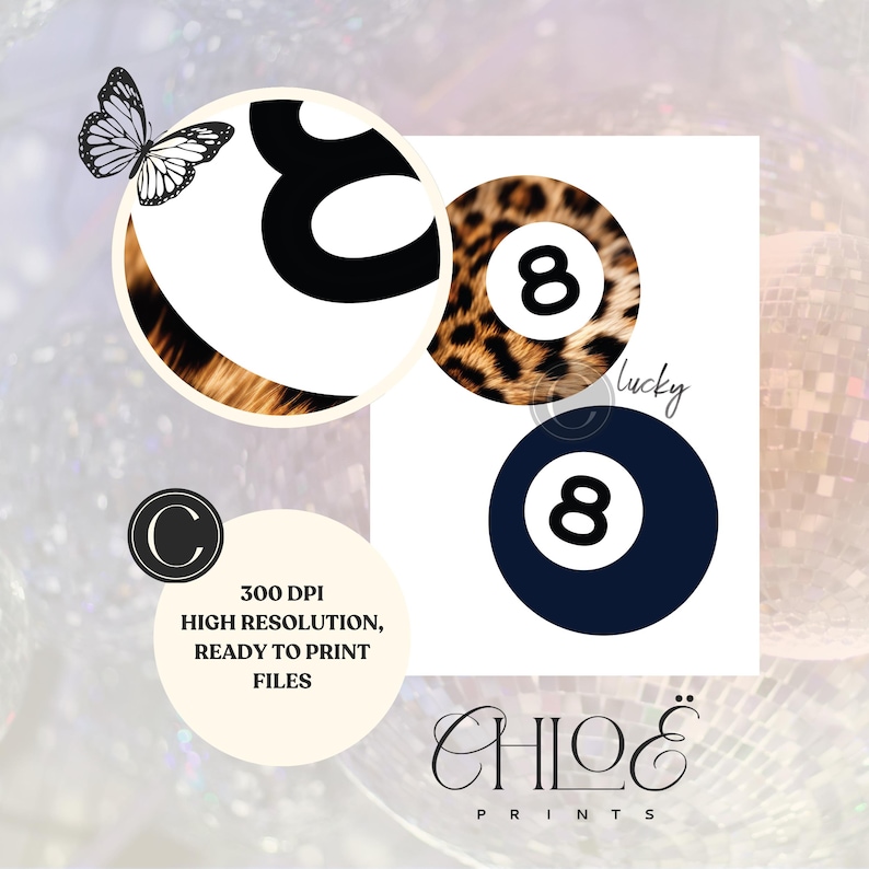 Retro 8 Ball Lucky Girl Poster, Cheetah Navy Blue Aesthetic, Trendy Apartment Decor, Y2K Chic Living Room Gallery Wall Art Set of 8 Prints