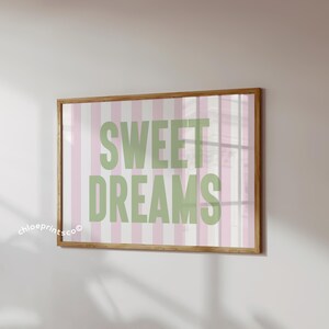 Sweet Dreams Print, Funny Apartment Poster, Pink and Green Bedroom Decor, Minimalist Aesthetic Trendy Wall Art, Retro Above Bed Wall Decor