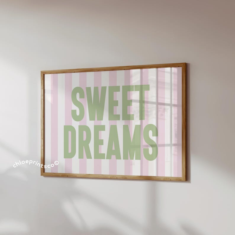 Sweet Dreams Print, Funny Apartment Poster, Pink and Green Bedroom Decor, Minimalist Aesthetic Trendy Wall Art, Retro Above Bed Wall Decor