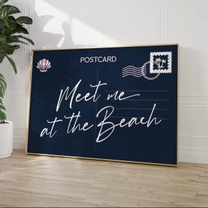 Impression de carte postale Meet Me at the Beach, art mural tendance rose marine, décoration côtière, affiche de chambre esthétique balnéaire, déco de maison de plage de coquillage