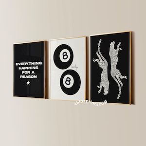 Black 8 Ball Lucky Girl Cheetah Aesthetic Posters, Trendy Apartment Decor, Chic Living Room Gallery Wall Art, Set of 3 Bedroom Prints
