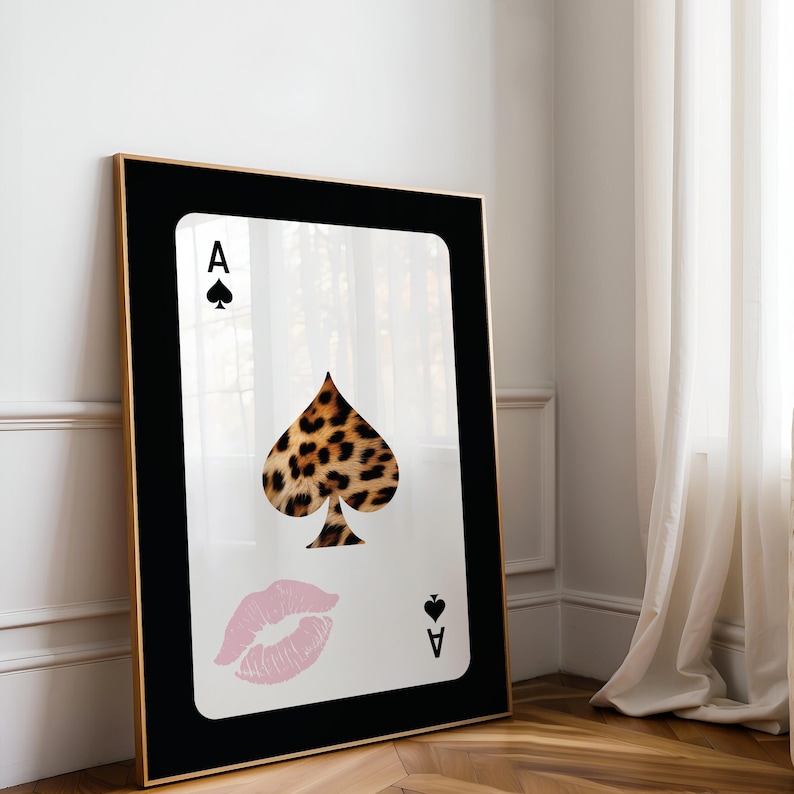 8 Ball Leopard Print, Ace Of Spades Kiss Print, Retro Lucky Girl Poster, Funky Y2K Star Apartment Decor, Girly Pink Bedroom Trendy Wall Art