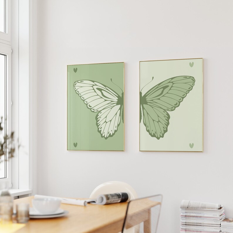 Split Butterfly Print, College Apartment Decor, Retro Y2K Dorm Room Posters, Trendy Wall Art, Sage Green Girly Preppy Aesthetic