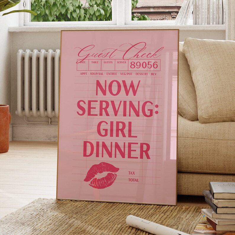 Girl Dinner Print, Aesthetic Kitchen Decor, Trendy Kitchen Prints, Hot Pink College Apartment Decor, Girly Wall Art, Chef Cooking Poster