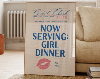 Impresión de apartamento universitario con cena de niña, impresiones divertidas de cocina, póster de registro de invitados, decoración de carrito de bar rosa, arte de pared costero azul, lindos regalos de chef