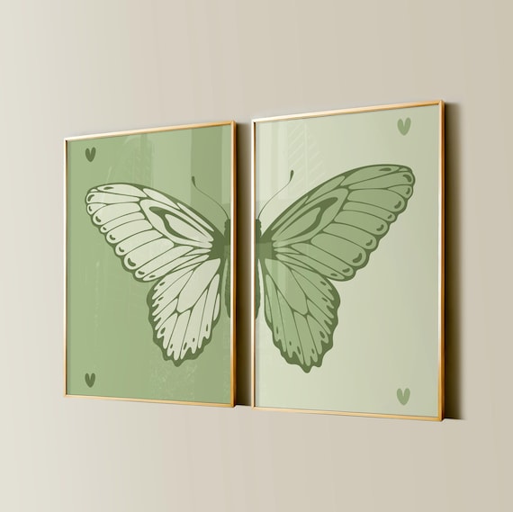 Split Butterfly Print, College Apartment Decor, Retro Y2K Dorm Room Posters, Trendy Wall Art, Sage Green Girly Preppy Aesthetic