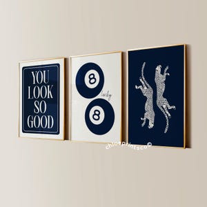 Navy 8 Ball Lucky Girl Cheetah Aesthetic Posters, Trendy Apartment Decor, Chic Living Room Gallery Wall Art, Set of 3 Bedroom Prints