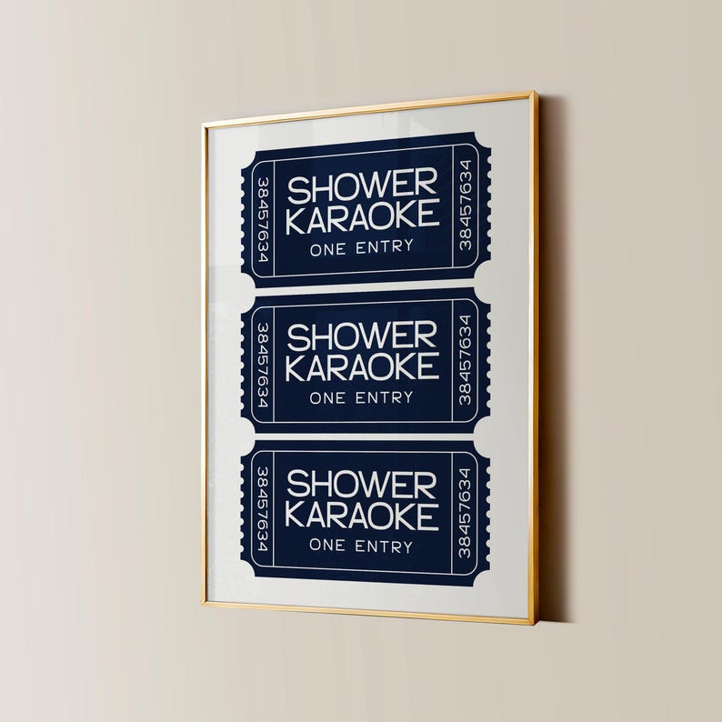 Shower Karaoke Ticket Print, Funny Bathroom Decor, Trendy Wall Art, Girly Preppy Aesthetic, Shower Singing Poster, Navy Retro Coastal Home