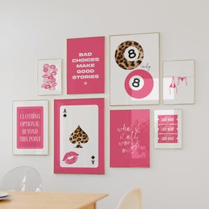 Affiche de fille porte-bonheur rose vif avec guépard 8 balles de l'an 2000, esthétique léopard, décoration d'appartement tendance, ensemble d'art mural de la galerie du salon