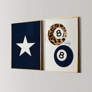 Marineblauwe 8-ball luipaardprint, retro poster sterrenmeisje, trendy Lucky Girl muurkunst, funky Y2K esthetisch appartement decor, girly slaapkamerkunstwerk