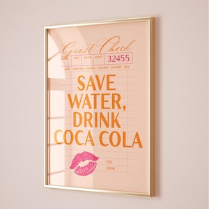 Coca Cola Print, Aesthetic Kitchen Decor, Trendy Kitchen Prints, Pink and Orange College Apartment Decor, Girly Wall Art, Guest Check Poster