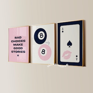 Y2K Wall Art Prints Pink and Navy Blue 8 Ball Lucky Girl Poster, Leopard Aesthetic, Trendy Apartment Decor, Living Room Gallery Wall Art Set