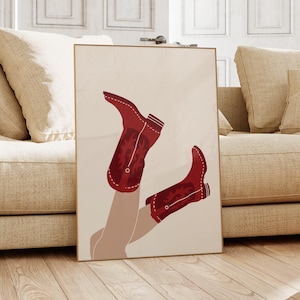 Cowgirl Boots Print, College Apartment Decor, Retro Western Dorm Room Posters, Trendy Wall Art, Cherry Red Girly Preppy Aesthetic