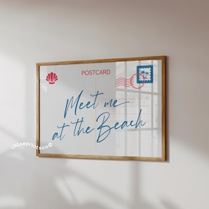 Meet Me at the Beach ansichtkaart print, rood en blauw trendy muurkunst kust woondecoratie strandachtige esthetische kamer poster zeeschelp strandhuis decor