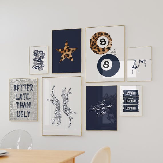 Retro 8 Ball Cheetah, Navy Blue Gallery Wall Set of 8, Dopamine Decor, College Dorm Decor, Maximalist Decor, Cool Posters, Apartment Decor