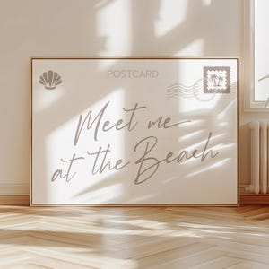 Meet Me at the Beach ansichtkaartprint, neutrale trendy muurkunst kusthuisdecor, beachy esthetische kamer poster, Seashell Beach House decor