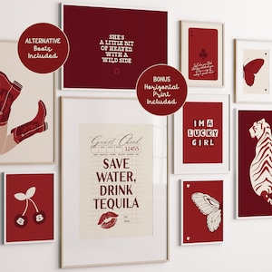 Trendy Wall Art Set of 10 Bundle Prints, College Apartment Decor, Cherry Red Wall Art, It Girl Retro Dorm Posters, Preppy Girly Aesthetic