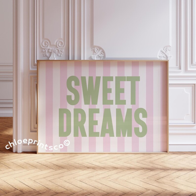 Sweet Dreams Print, Funny Apartment Poster, Pink and Green Bedroom Decor, Minimalist Aesthetic Trendy Wall Art, Retro Above Bed Wall Decor