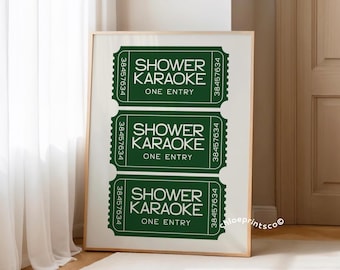 Shower Karaoke Ticket Poster, Retro Green Bathroom Art (Digital Download)