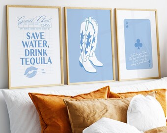 coastal cowgirl western dorm room gallery wall art set of 3, preppy save water drink tequila poster, trendy retro funky blue bar cart print