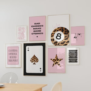 Retro 8 Ball Lucky Girl Poster, Pink Leopard Aesthetic, Trendy Apartment Decor, Funky Y2K Living Room Gallery Wall Art Set of 8 Prints