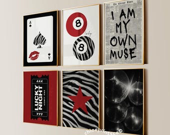 Red 8 Ball Lucky Girl Aesthetic Posters, Trendy Apartment Decor, Zebra Chic Living Room Gallery Wall Art, Set of 6 Bedroom Prints