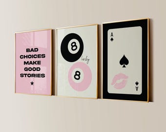 Juego de 3 impresiones estéticas de arte mural en rosa, galería de naipes de la suerte de 8 bolas, pósteres de arte mural de moda, decoración del hogar preppy femenina, descarga digital