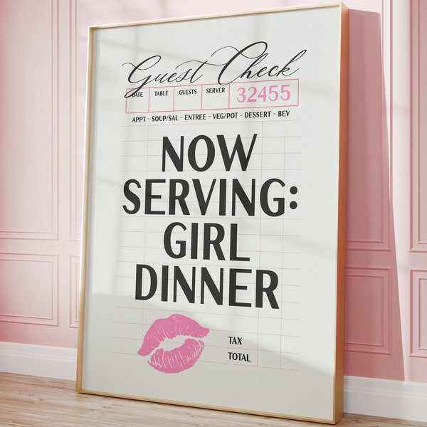 girl dinner college apartment print, funny kitchen prints, guest check poster, pink bar cart decor, black cocktail wall art, cute chef gifts