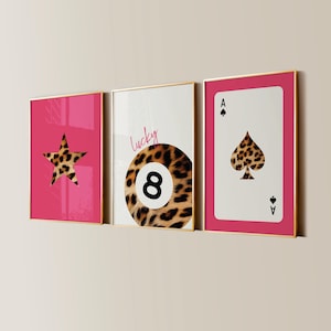8 Ball Lucky Star Girl Leopard Aesthetic Posters, Trendy Apartment Decor, Funky Y2K Living Room Gallery Wall Art, Set of 3 Bedroom Prints