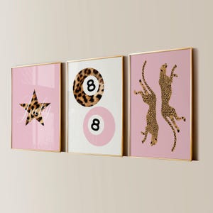 Pink 8 Ball Lucky Girl Cheetah Aesthetic Posters, Trendy Apartment Decor, Leopard Chic Living Room Gallery Wall Art, Set of 3 Bedroom Prints