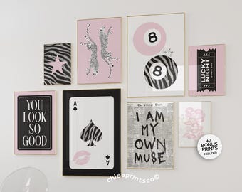 Y2K 8 Ball Lucky Girl Zebra Aesthetic Posters, Trendy Apartment Decor, Living Room Gallery Wall Art, Black and White Bedroom Prints
