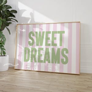 Sweet Dreams Print, Funny Apartment Poster, Pink and Green Bedroom Decor, Minimalist Aesthetic Trendy Wall Art, Retro Above Bed Wall Decor