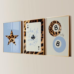 8-ball luipaardprint, speelkaartprint, retro Lucky Girl poster, funky Y2K Star appartement decor, pastelblauwe slaapkamer trendy muurkunst