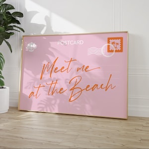 Rencontrez-moi à la plage impression carte postale, art mural tendance rose orange, décoration d'intérieur côtière, chambre esthétique plage affiche coquillage plage maison