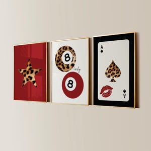 Estampado de leopardo de bola 8, estampado de beso de as de espadas, póster retro de chica afortunada, decoración de apartamento con estrellas Y2K, arte de pared moderno para dormitorio en rojo cereza