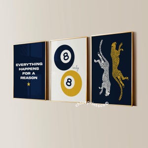 Navy 8 Ball Lucky Girl Cheetah Aesthetic Posters, Trendy Apartment Decor, Chic Living Room Gallery Wall Art, Set of 3 Bedroom Prints