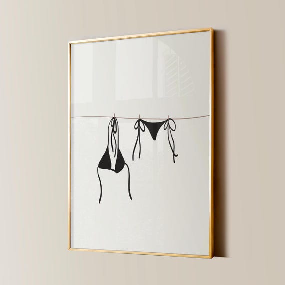 Bikini On Clothesline Print, College Apartment Decor, Coastal Beachy Dorm Room Posters, Trendy Beach House Wall Art, Dopamine Decor