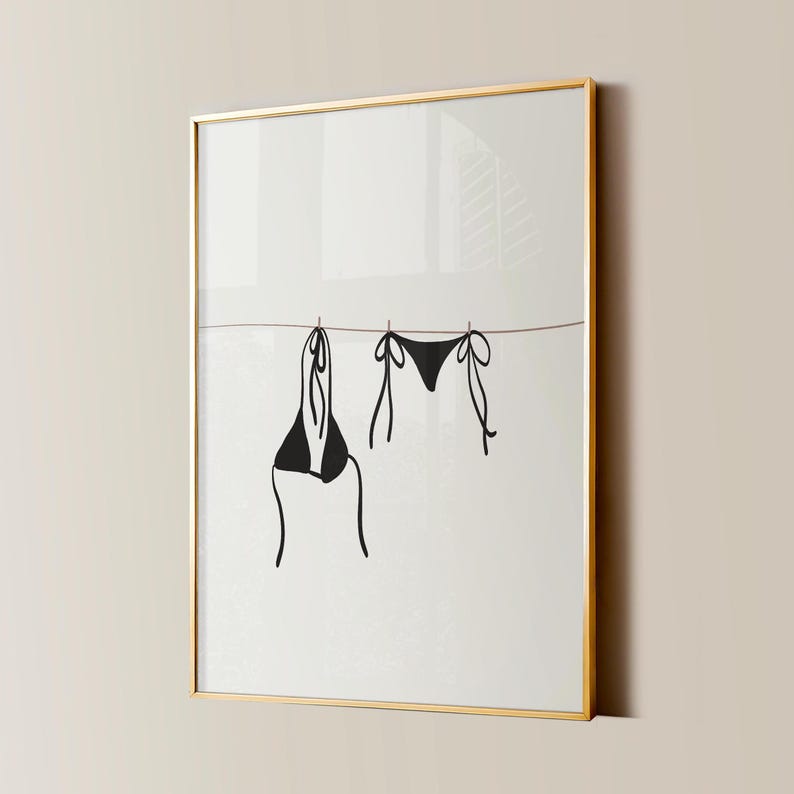 Bikini On Clothesline Print, College Apartment Decor, Coastal Beachy Dorm Room Posters, Trendy Beach House Wall Art, Girly Preppy Aesthetic