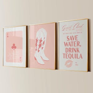 Girly Pink Preppy Set of 3, Aesthetic Coastal Wall Art, Trendy Girls Room Decor, Lucky Girl Playing Card, Cute Cowgirl Boots, Guest Check