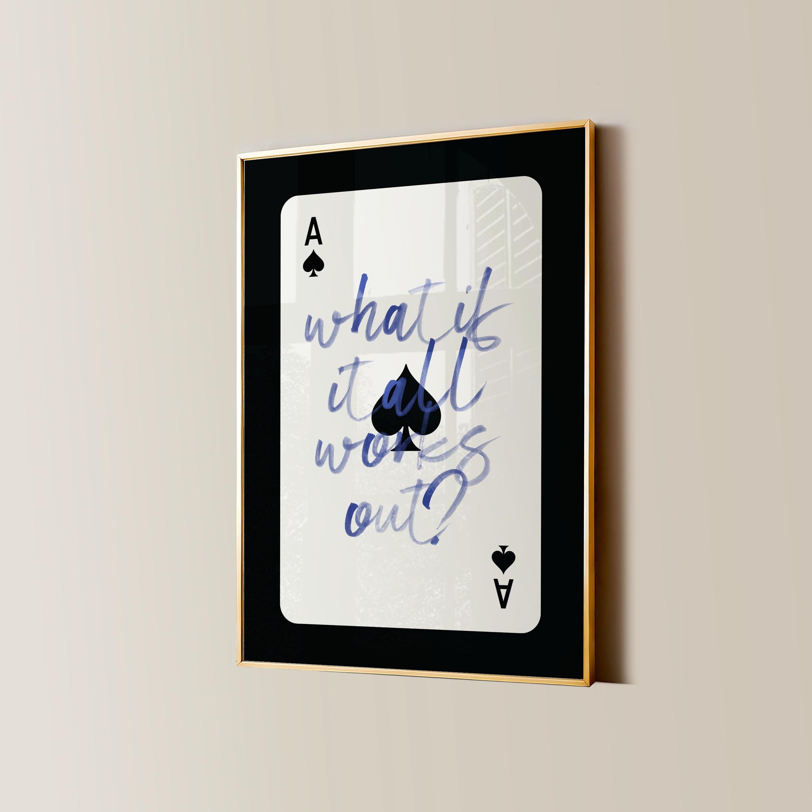 What If It All Works Out Navy Blue Ace of Spades Print, Black and White Apartment Decor, Preppy Watercolor Aesthetic Printable Home Wall Art
