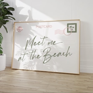 Impression carte postale Meet Me at the Beach, art mural tendance rose vert, décoration d'intérieur côtière, affiche de chambre esthétique de plage, déco de maison de plage de coquillage