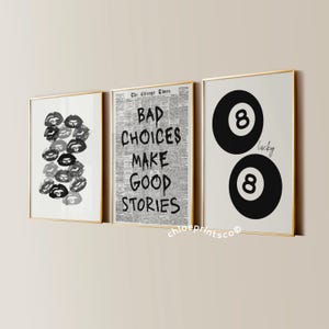 Retro 8 Ball Lucky Girl Kisses Aesthetic Posters, Newspaper Trendy Apartment Decor, Living Room Gallery Wall Art, Set of 3 Bedroom Prints